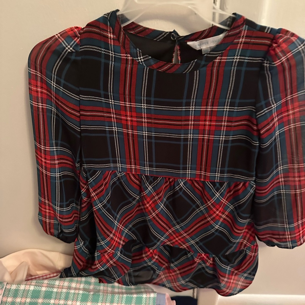 Plaid Puff Sleeve Top - Black and Red